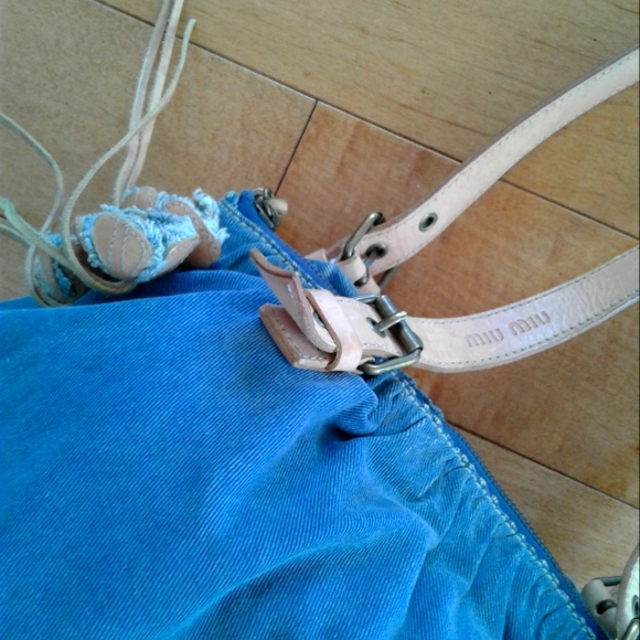 miu miu shoulder bag flower motif blue denim canvas tan leather tote hand-bag - Picture 8 of 11